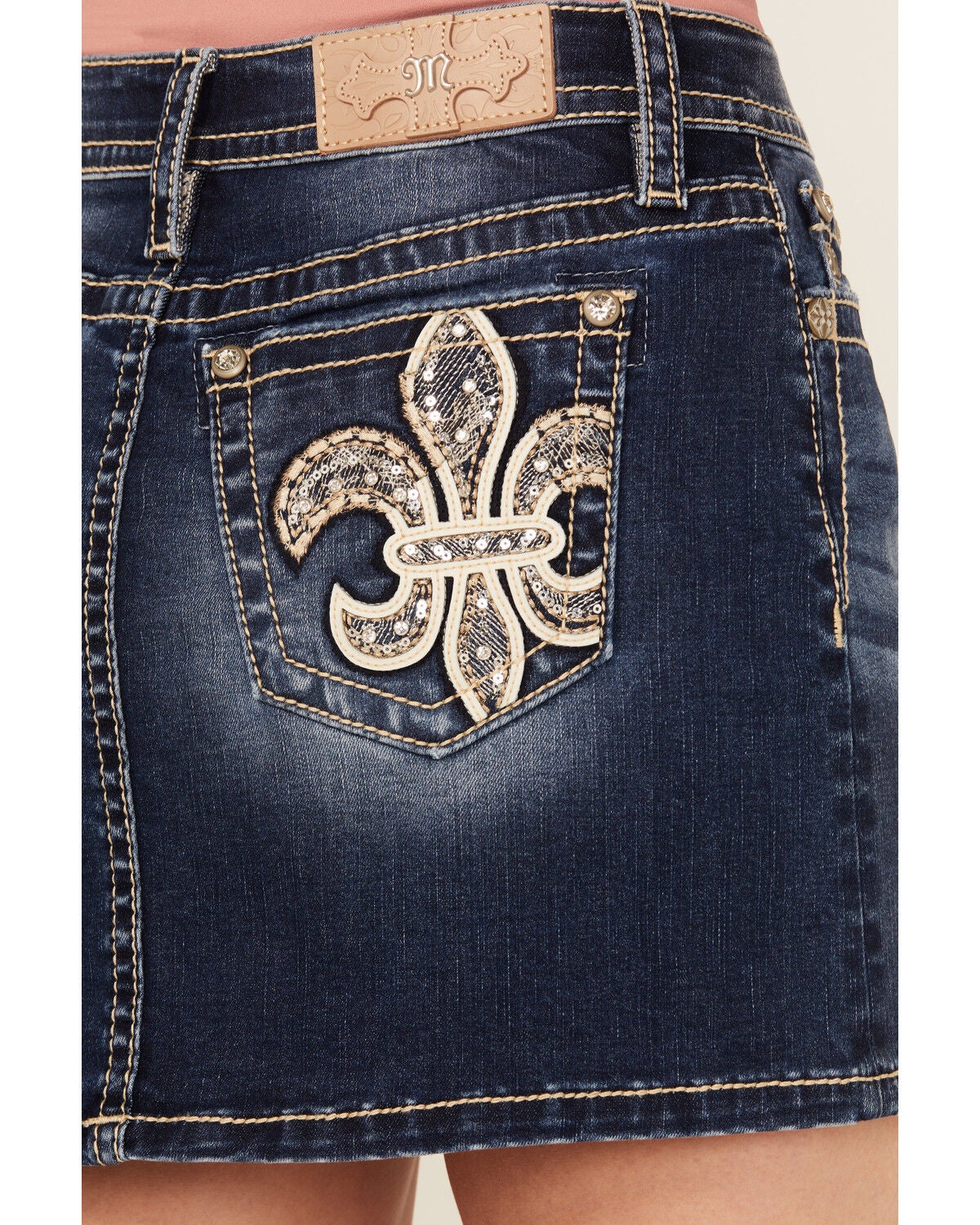 Image #2 - Miss Me Women's Dark Wash Embroidered Pocket Stretch Denim Mini Skirt, Dark Wash, hi-res