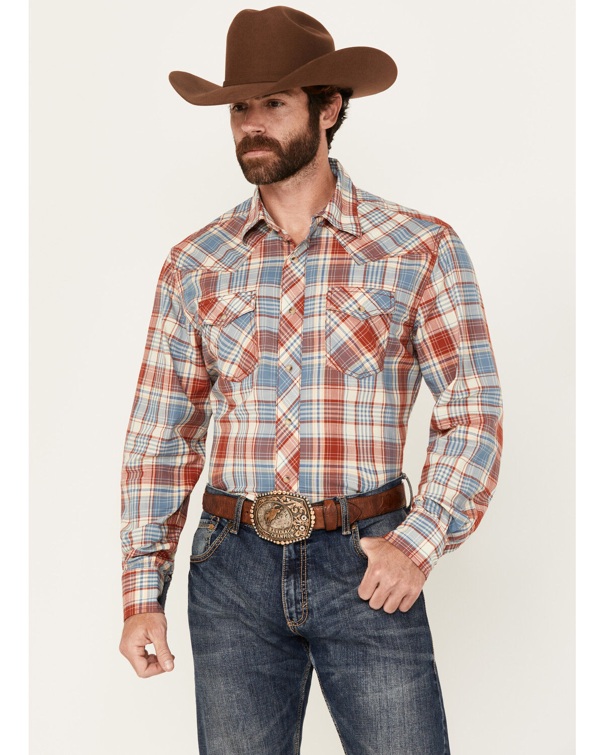 Image #1 - Wrangler Retro Men's Plaid Print Long Sleeve Snap Western Shirt, Red/white/blue, hi-res
