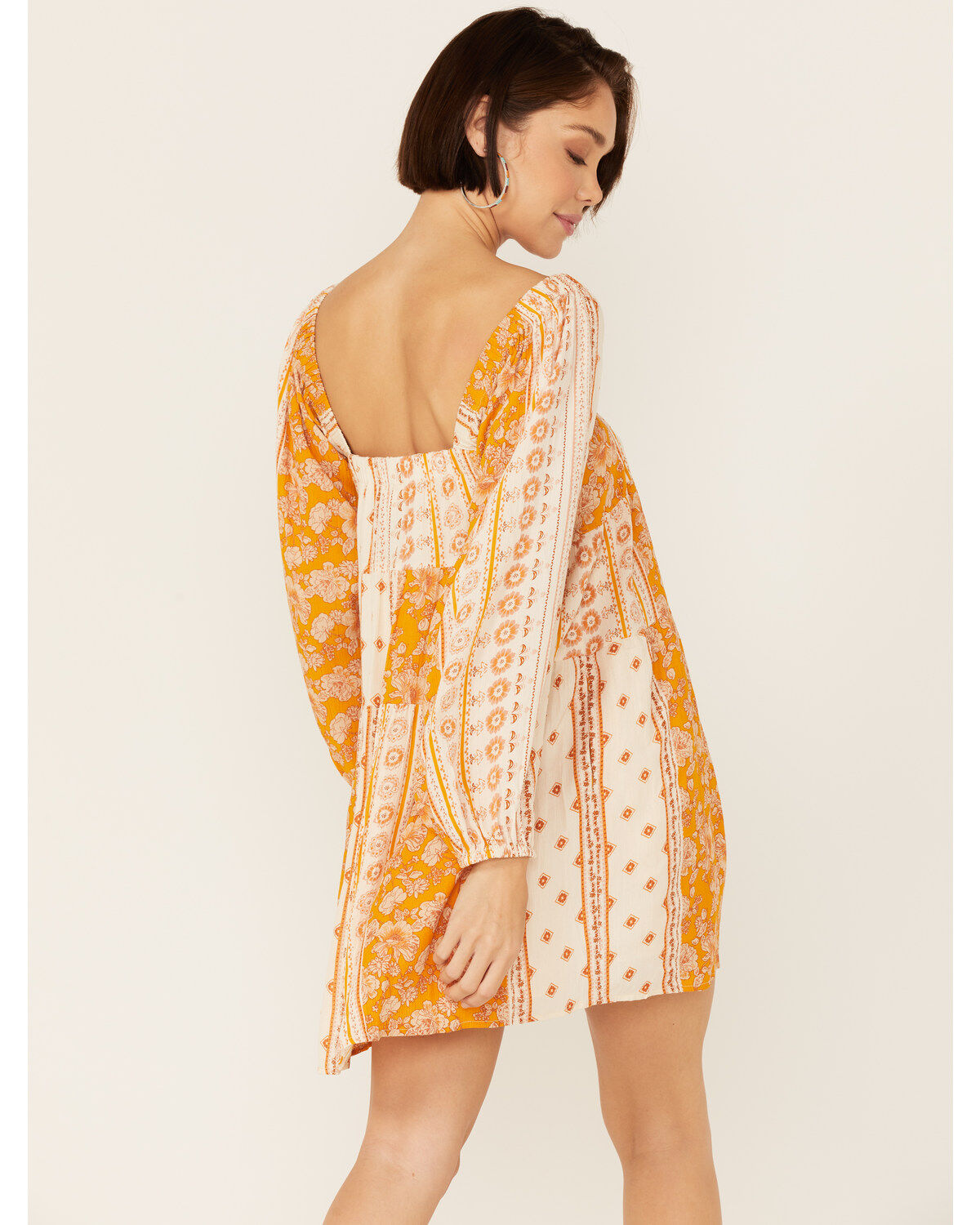 Image #3 - En Creme' Women's Cream Yellow Patchwork Long Sleeve Baby Doll Mini Dress, Cream, hi-res