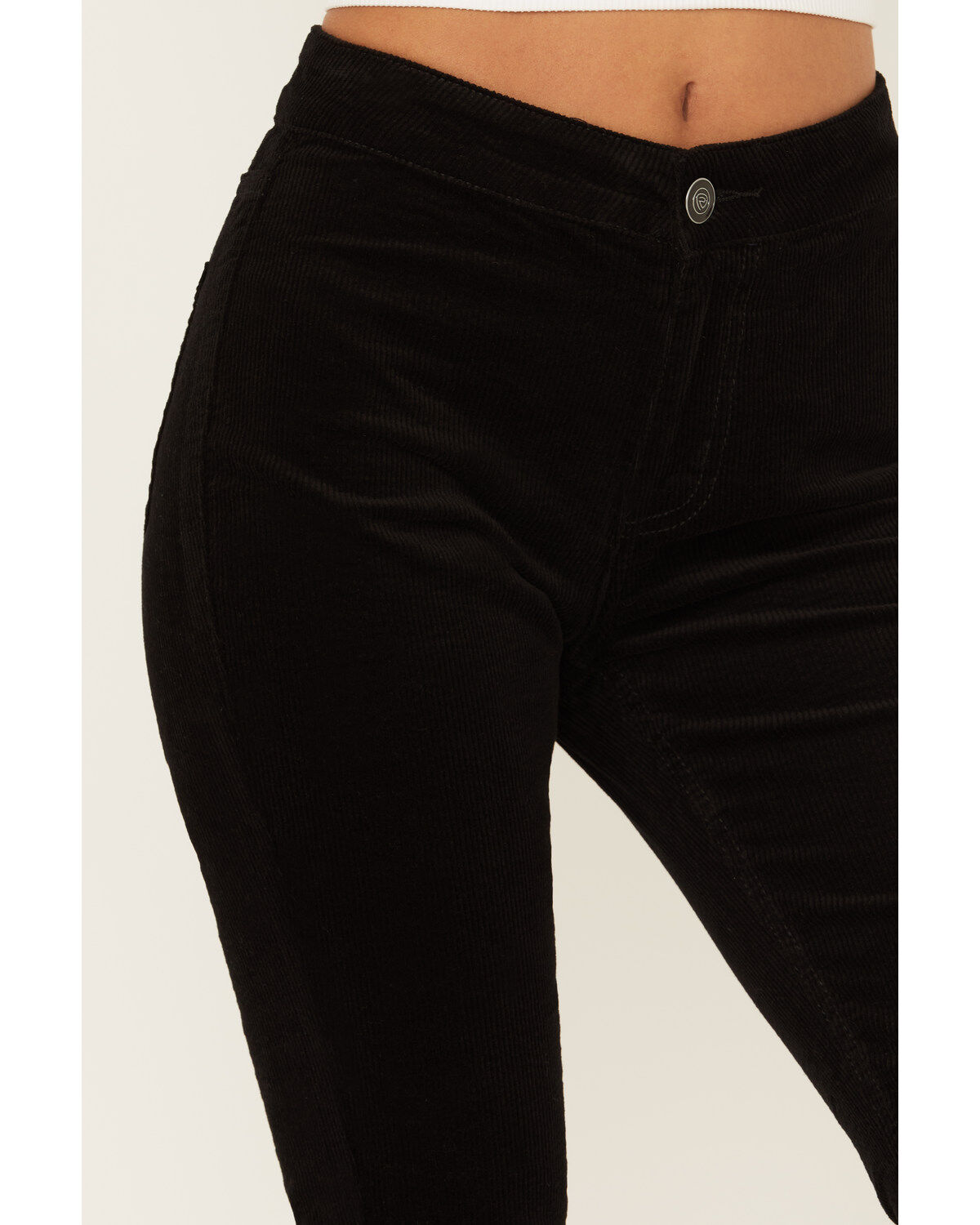 Image #2 - Rock & Roll Denim Women's High Rise Corduroy Button Bargain Bell Flare Jeans, Black, hi-res