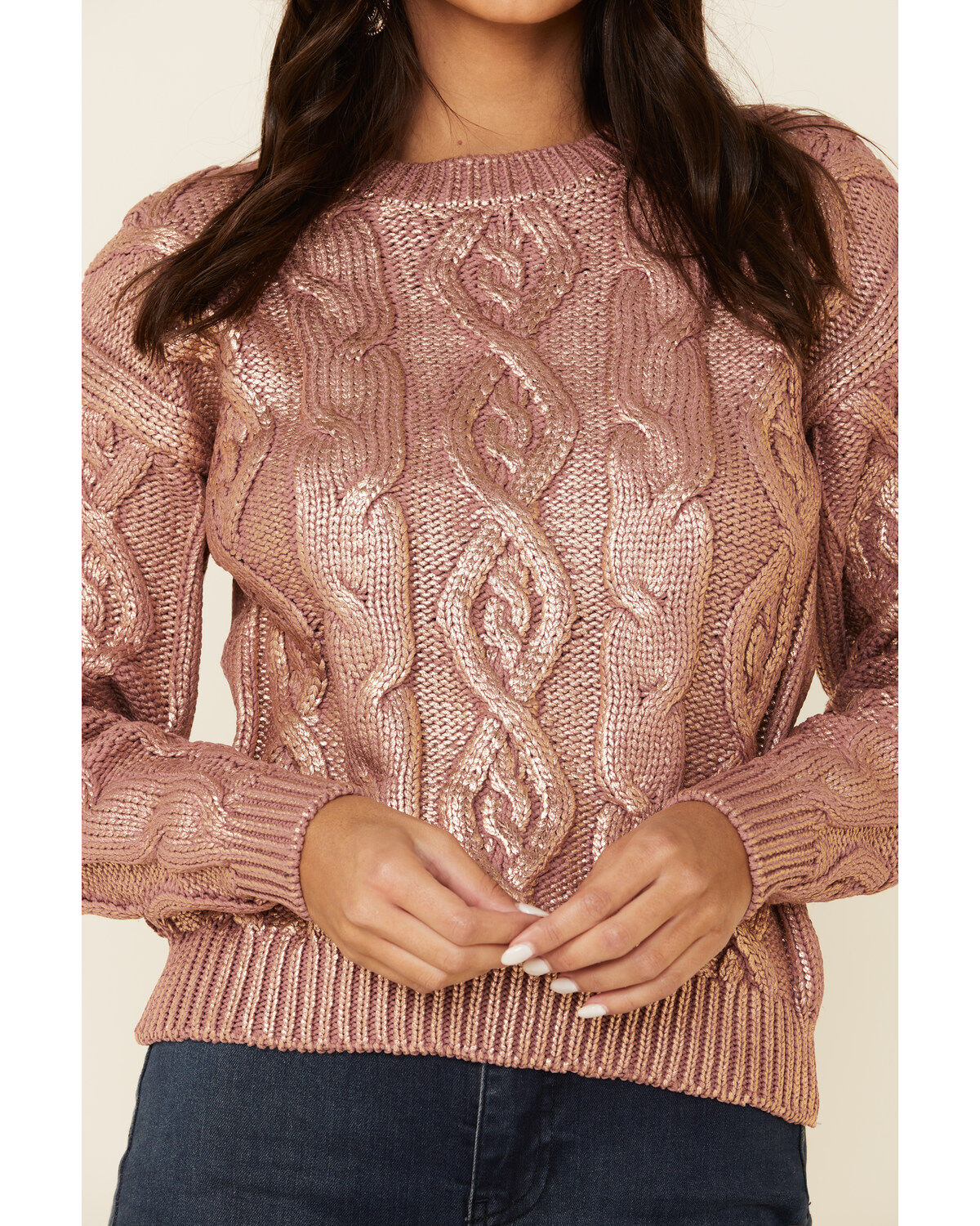 Image #3 - Rock & Roll Denim Women's Mauve Metallic Cable Knit Sweater , , hi-res