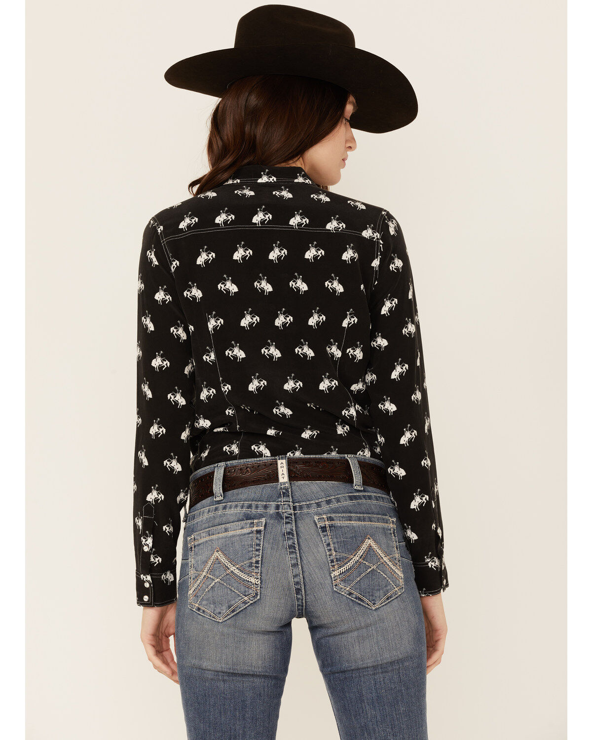 Image #3 - RRR Women's Bucking Horse Print Long Sleeve Snap Western Shirt, Black, hi-res