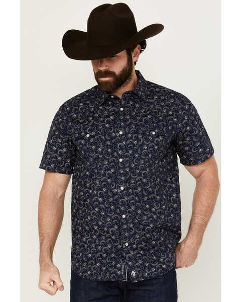 Image #1 - Moonshine Spirit Men's On Tour Floral Paisley Print Short Sleeve Snap Western Shirt , Blue, hi-res