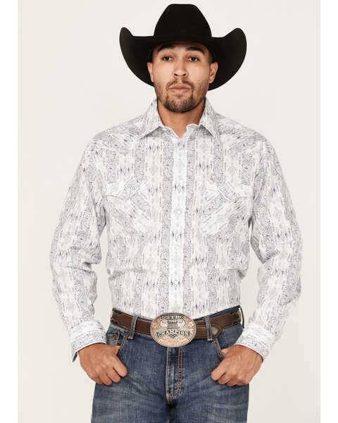 Rough Stock By Panhandle Men's Stretch Vertical Paisley Print Long Sleeve Snap Western Shirt , Light Blue, hi-res