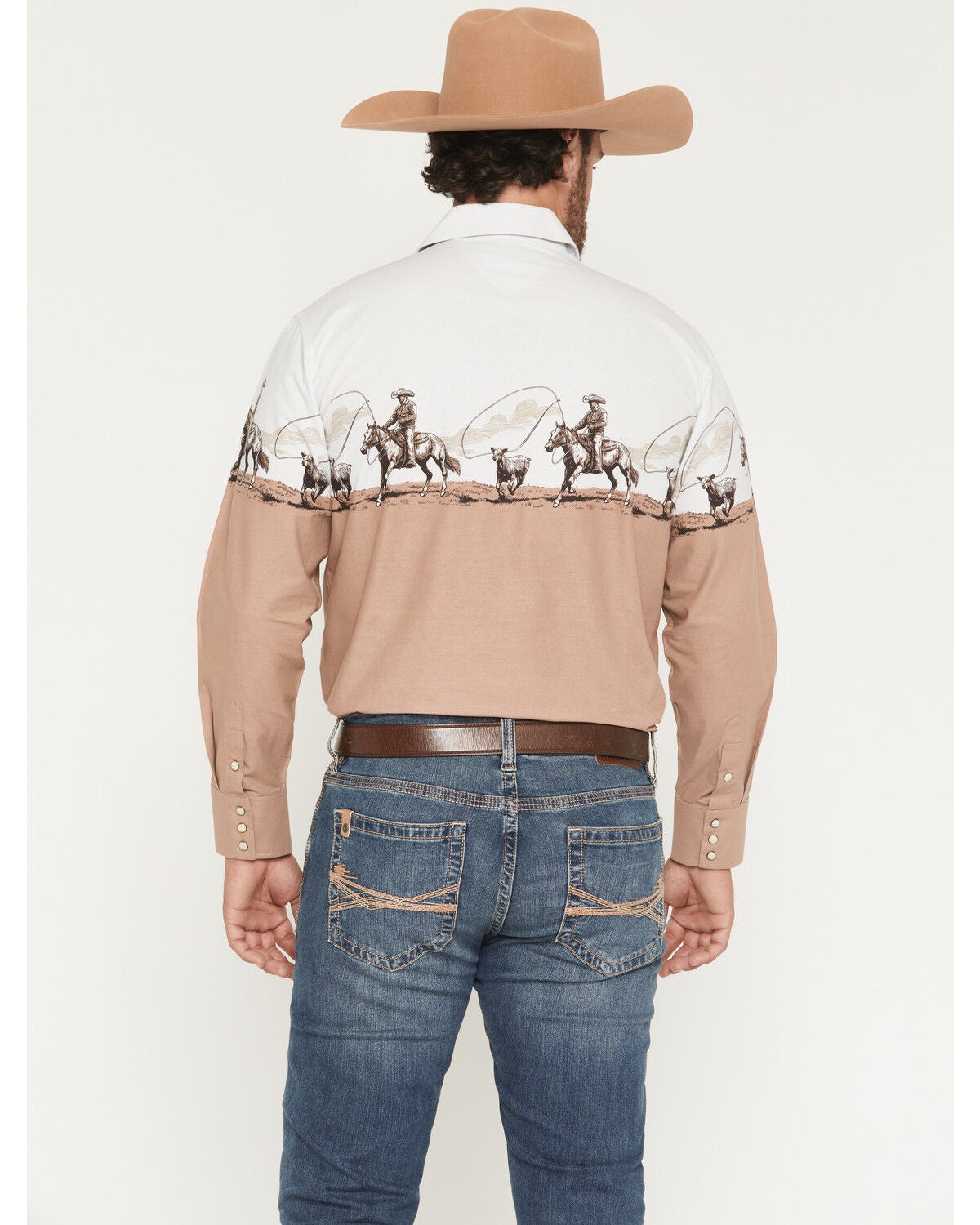 Image #4 - Panhandle Slim Men's Cowboy Border Print Long Sleeve Snap Western Shirt, Tan, hi-res