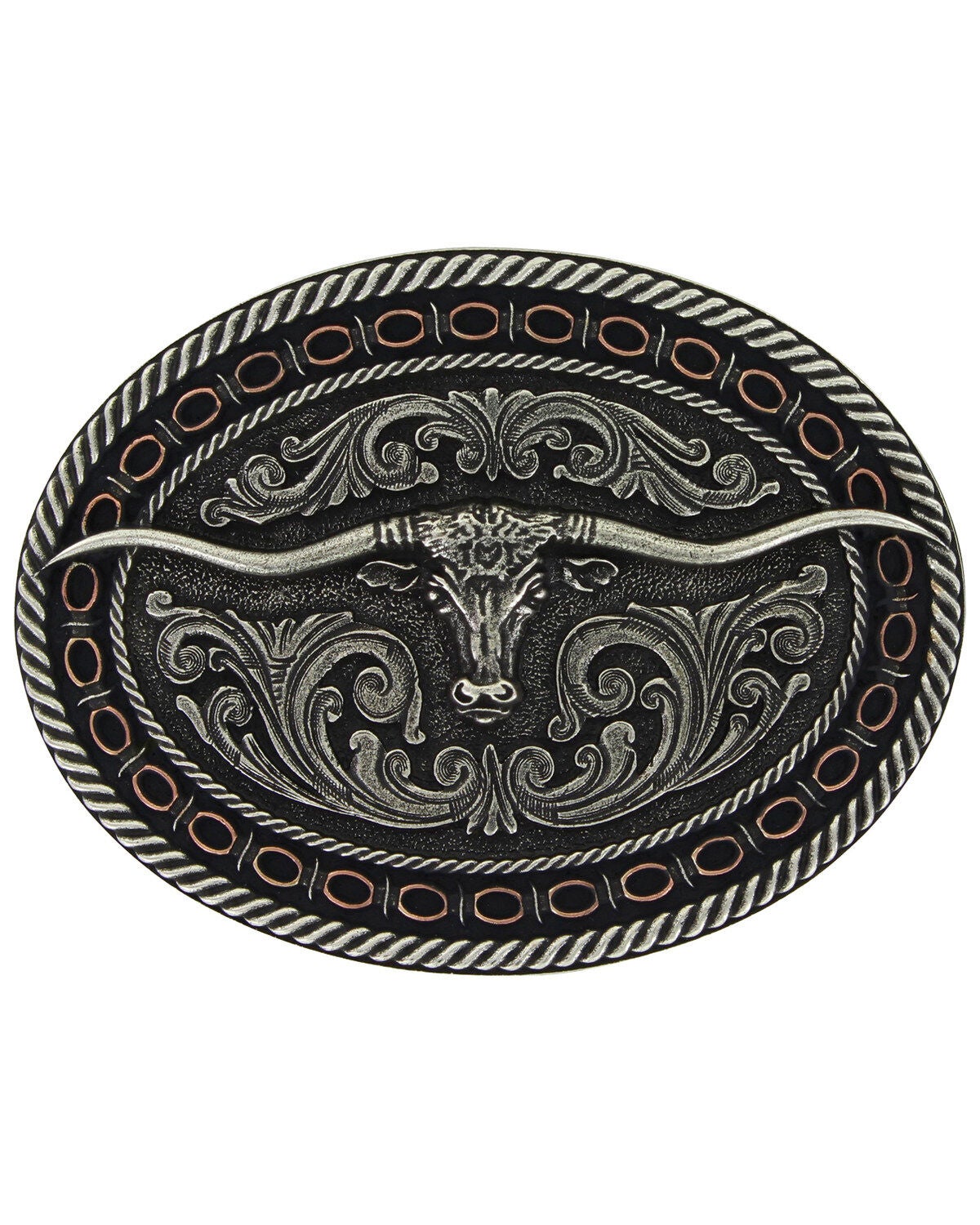 Montana Silversmiths Two Tone Antiqued Round Barbed Longhorn Attitude Belt Buckle, Silver, hi-res