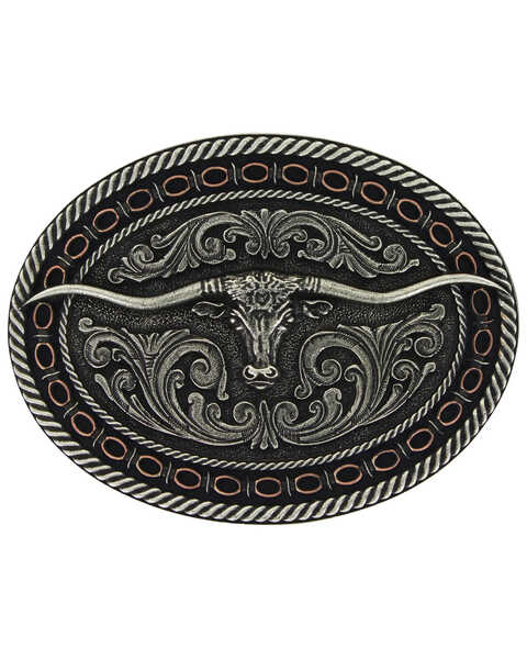 Image #1 - Montana Silversmiths Two Tone Antiqued Round Barbed Longhorn Attitude Buckle , Silver, hi-res