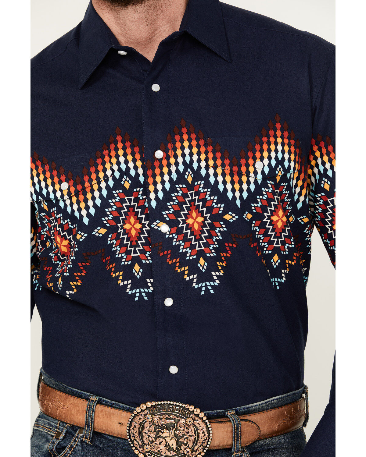Image #3 - Panhandle Men's Southwestern Border Print Long Sleeve Pearl Snap Western Shirt, Navy, hi-res