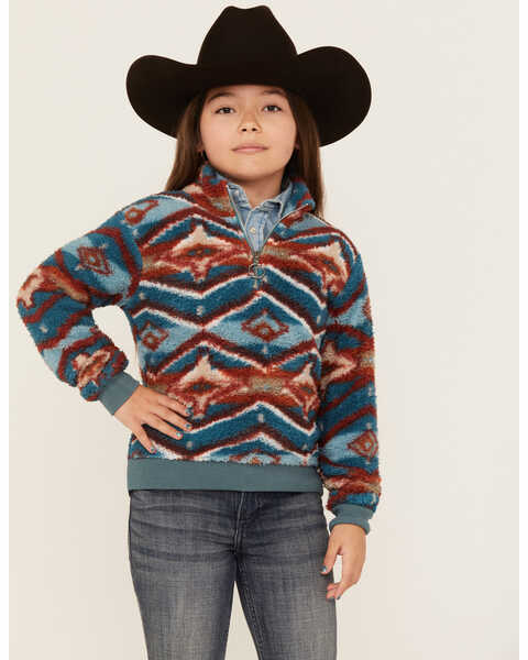 Rock & Roll Denim Girls' Southwestern Print Sherpa Pullover , Blue, hi-res
