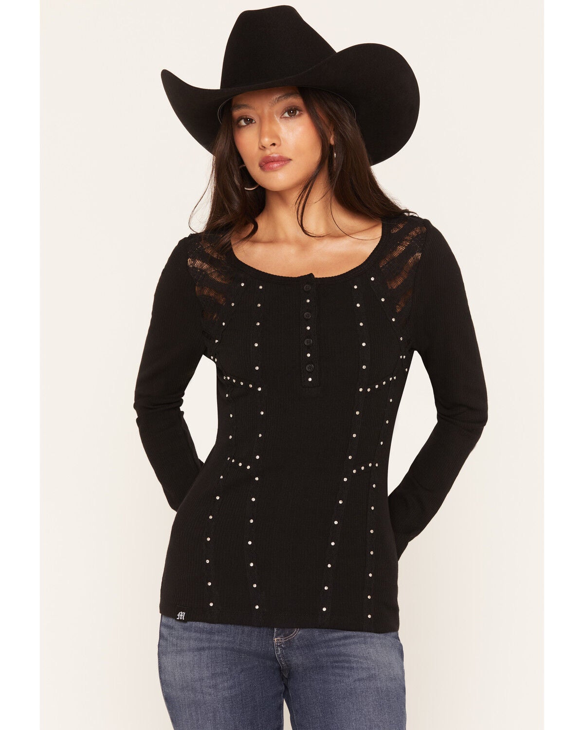 Image #1 - Miss Me Women's Lace Long Sleeve Top, Black, hi-res