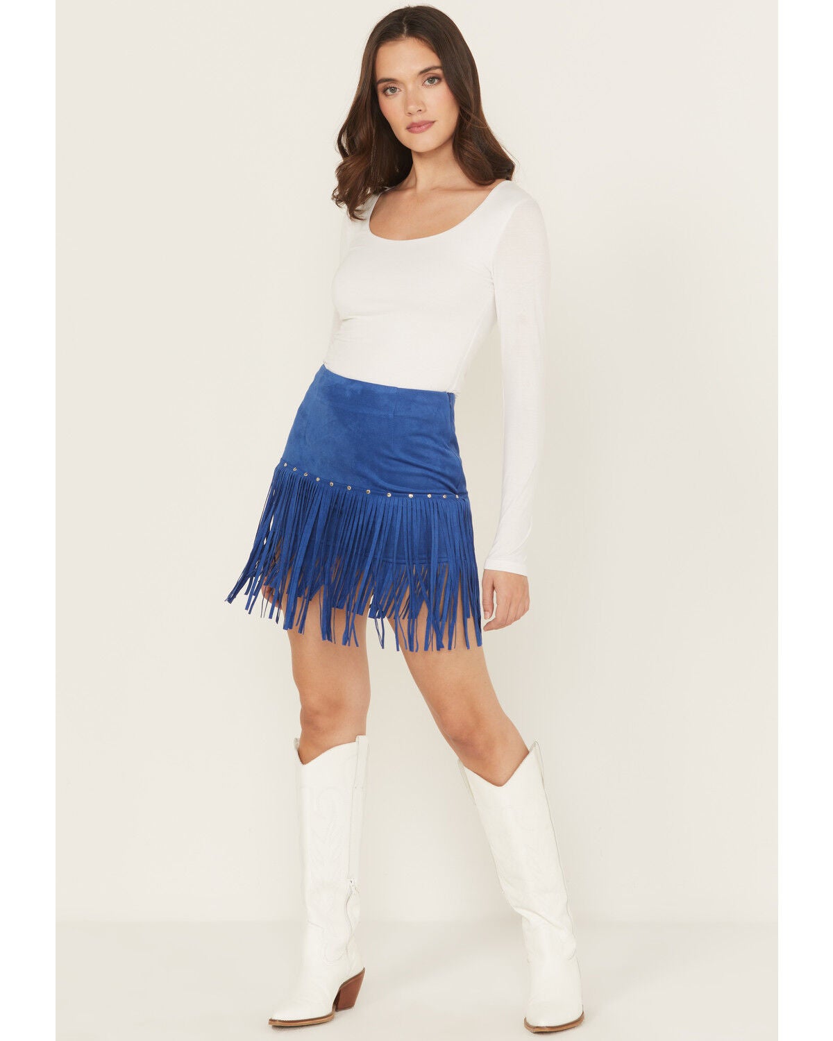 Fornia Women's Faux Suede Fringe and Studded Mini Skirt, Blue, hi-res