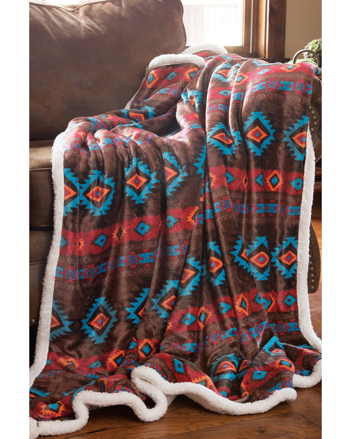 Carstens Home Wrangler Southwest Horizon Rustic Sherpa Fleece Throw Blanket, Turquoise, hi-res