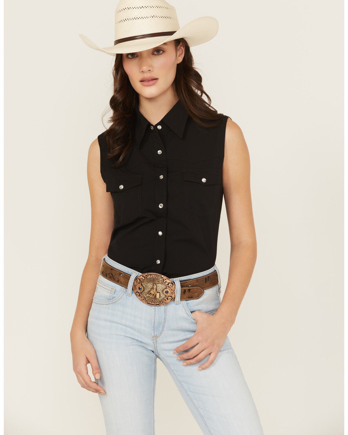 Cowgirl Hardware Women's Solid Sleeveless Rhinestone Snap Western Shirt, Black, hi-res