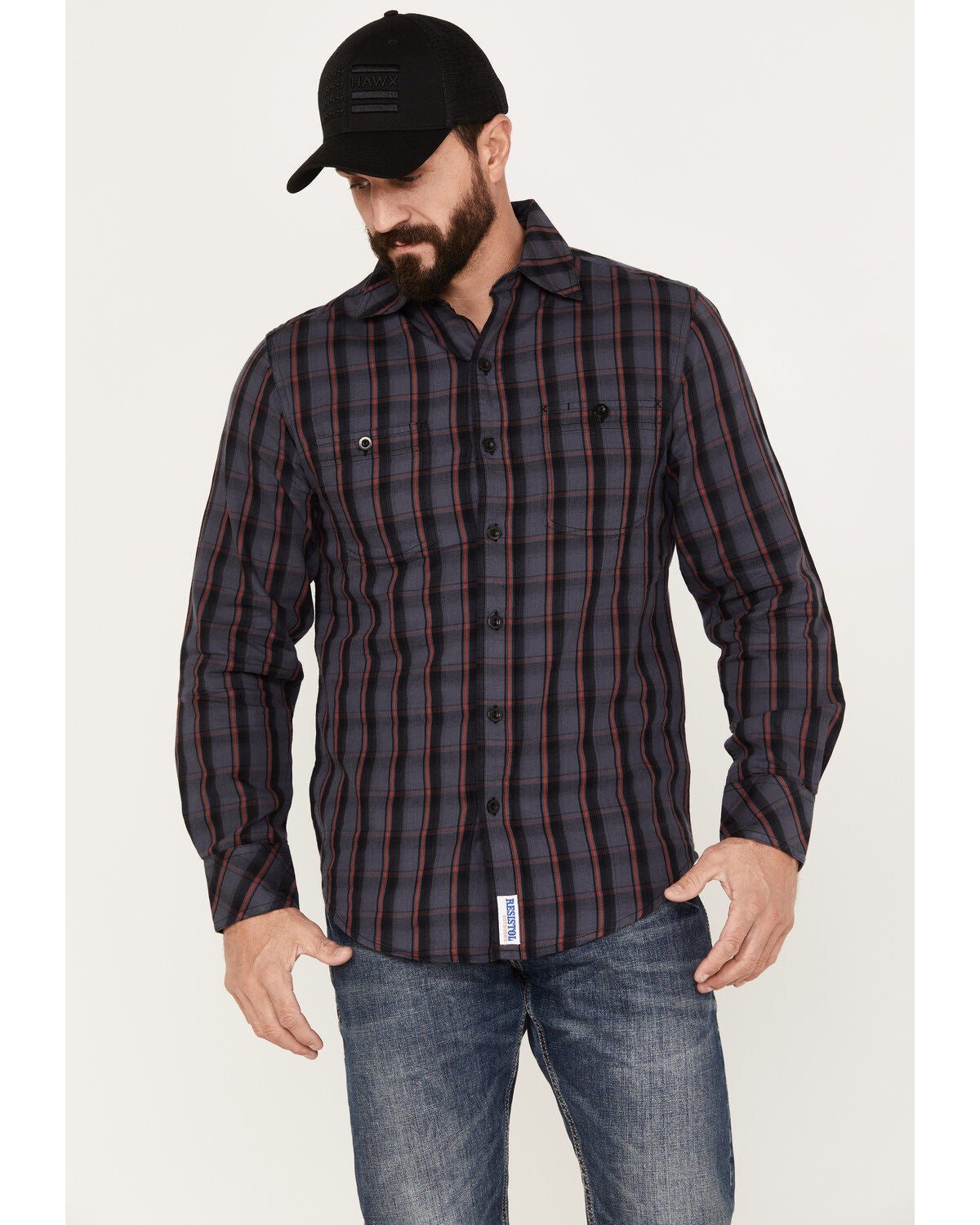 Resistol Men's Telluride Plaid Print Long Sleeve Button Down Western Shirt, Black/grey, hi-res