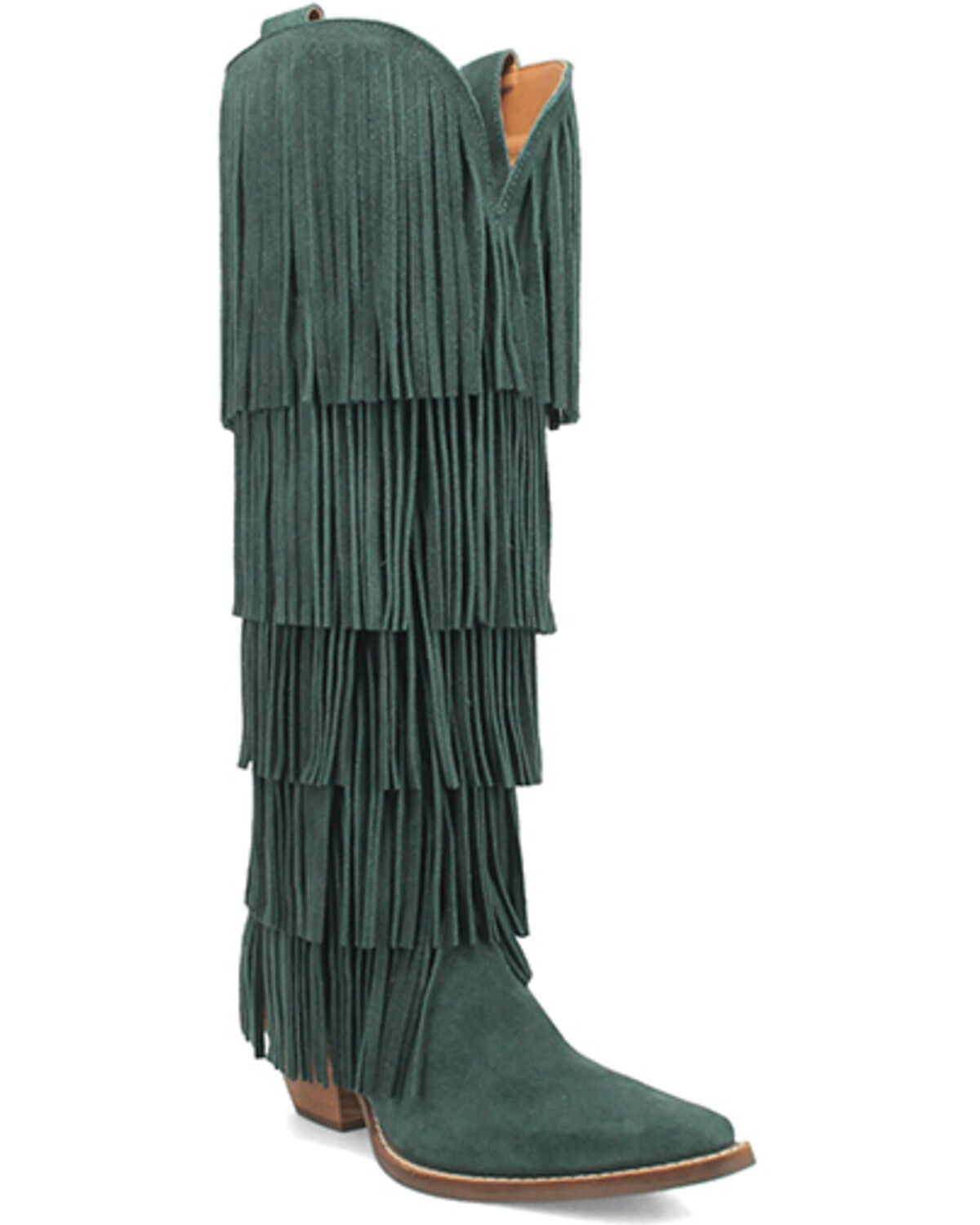 Image #1 - Dingo Women's Wild Child Suede Fringe Tall Western Boots - Snip Toe, Green, hi-res