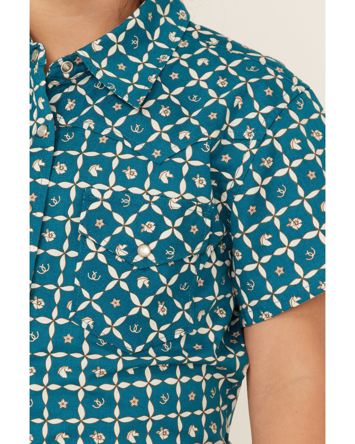 Image #2 - RANK 45® Girls' Floral Horse Print Short Sleeve Pearl Snap Rodeo Shirt, Teal, hi-res