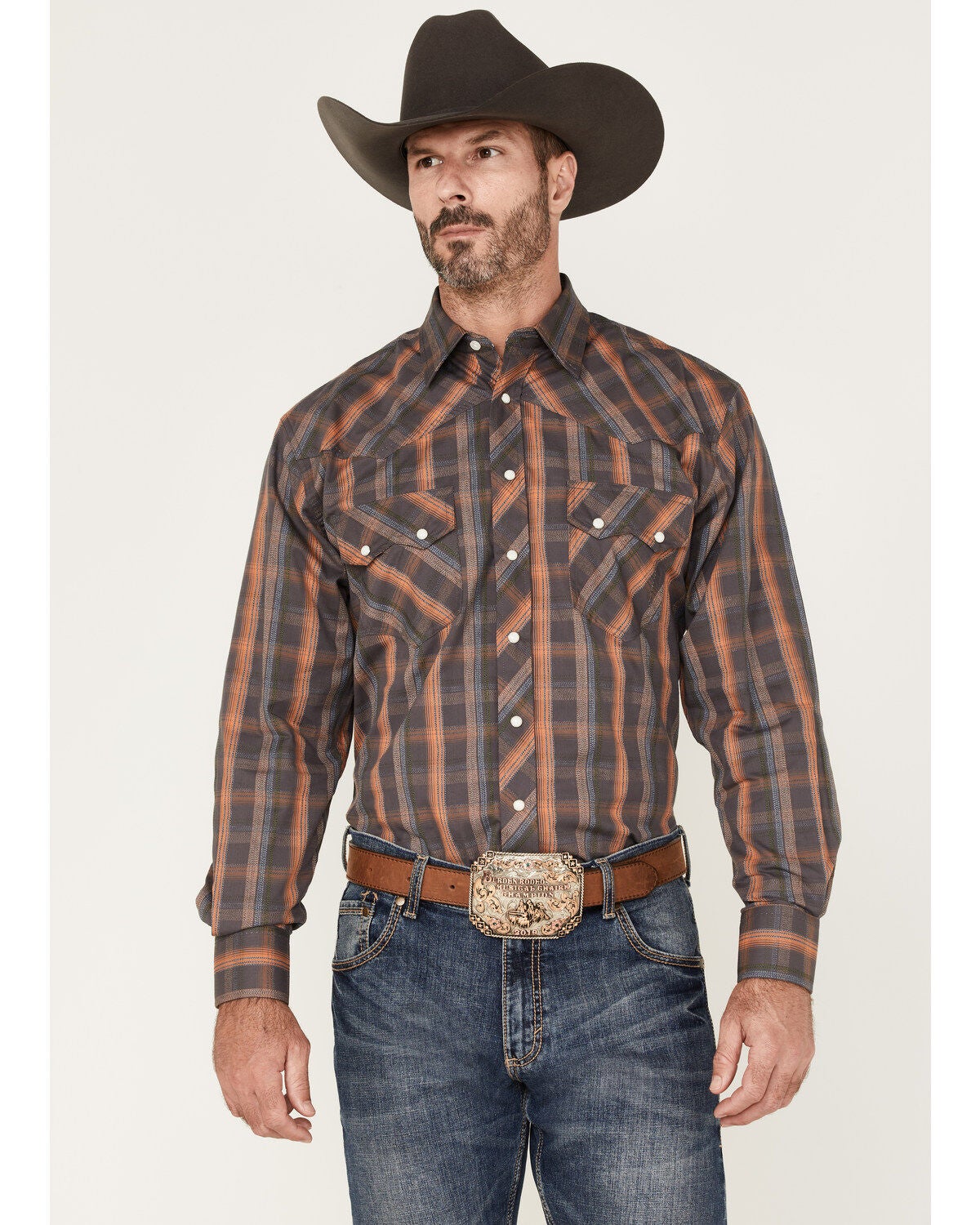 Resistol Men's Reid Plaid Print Long Sleeve Snap Western Shirt, Dark Grey, hi-res