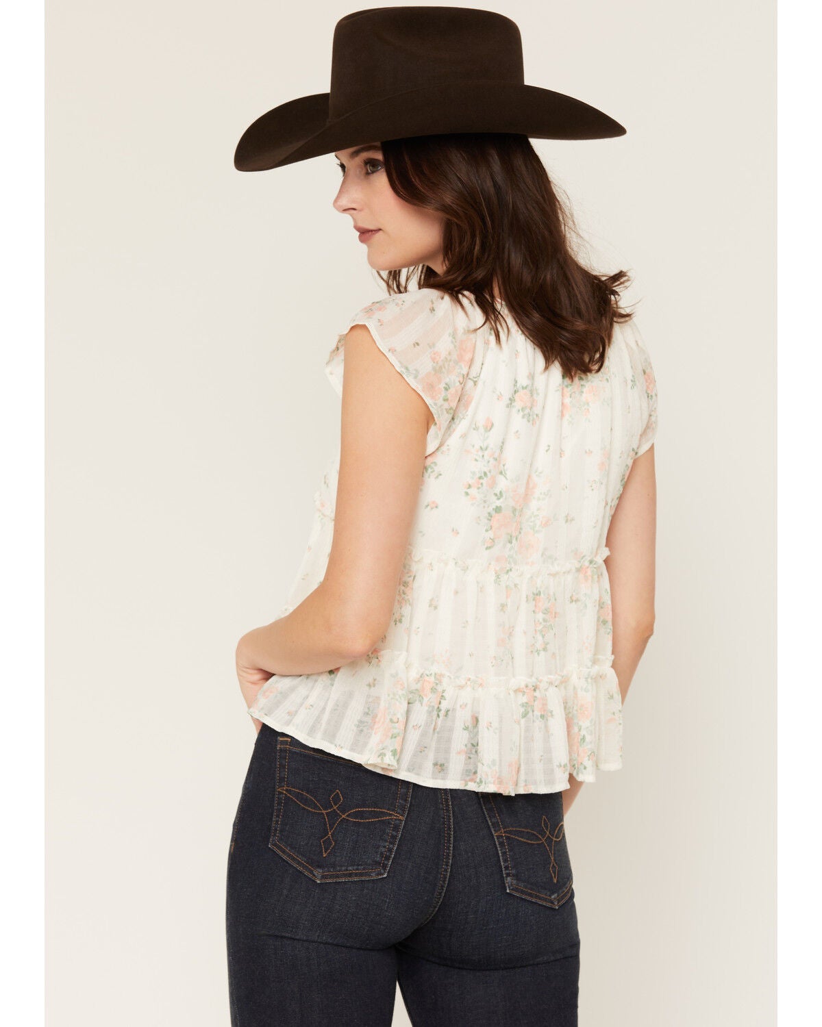 Image #4 - Ash & Violet Women's Floral Print Tie-Front Tiered Blouse, Ivory, hi-res