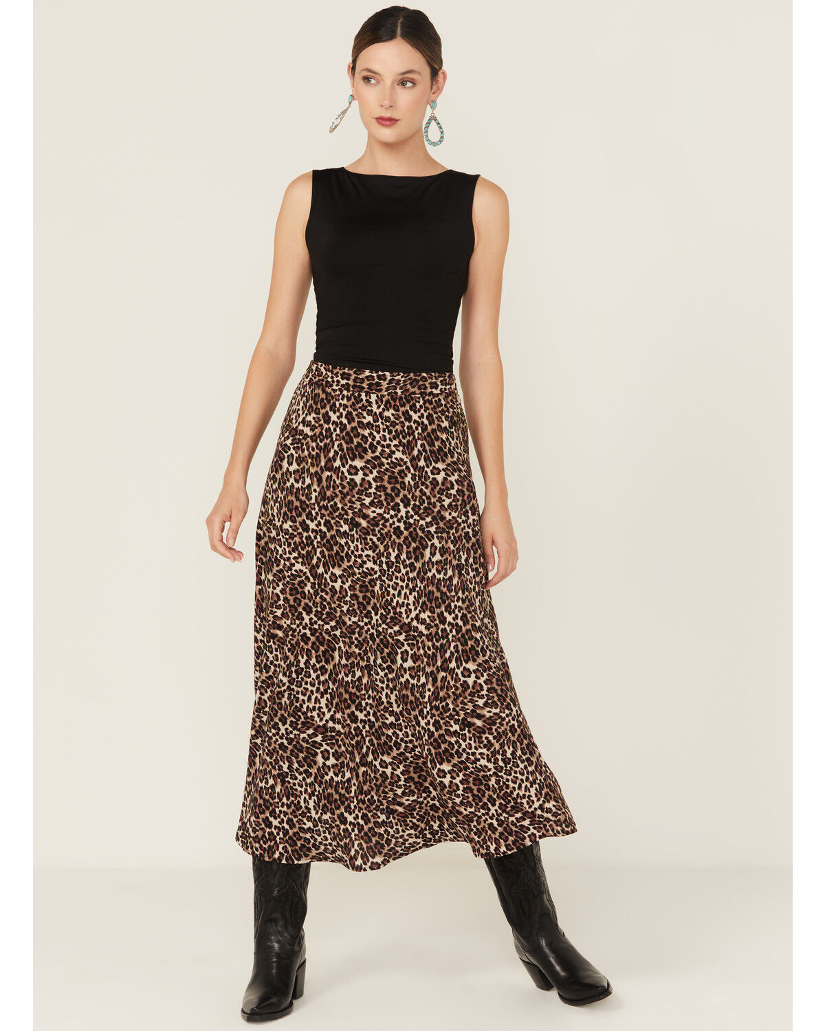 Image #1 - Originality Women's Leopard Print Midi Skirt, Taupe, hi-res