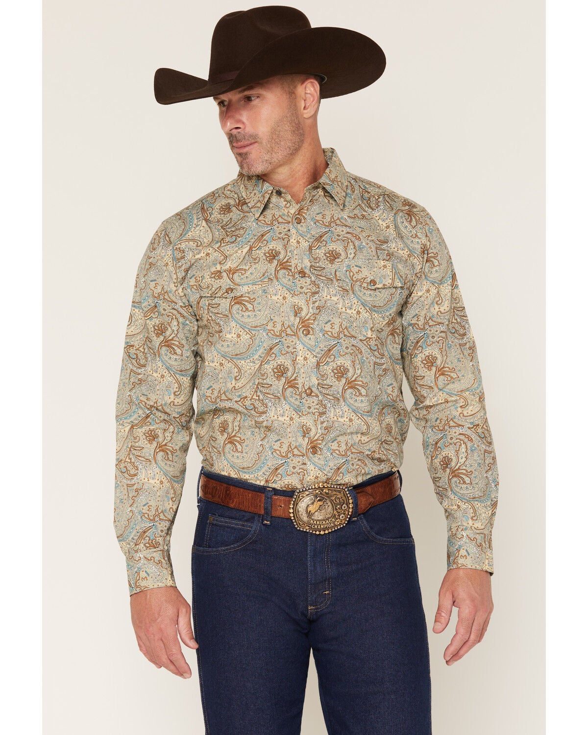 Gibson Trading Co Men's Feelin' Good Paisley Print Long Sleeve Snap Western Shirt - Tall, Aqua, hi-res