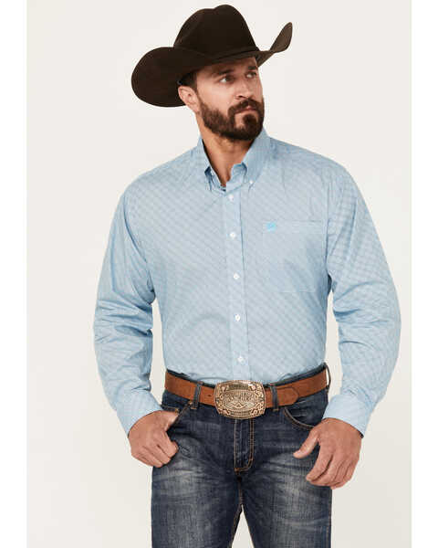 Cinch Men's Geo Print Long Sleeve Button-Down Western Shirt , Light Blue, hi-res