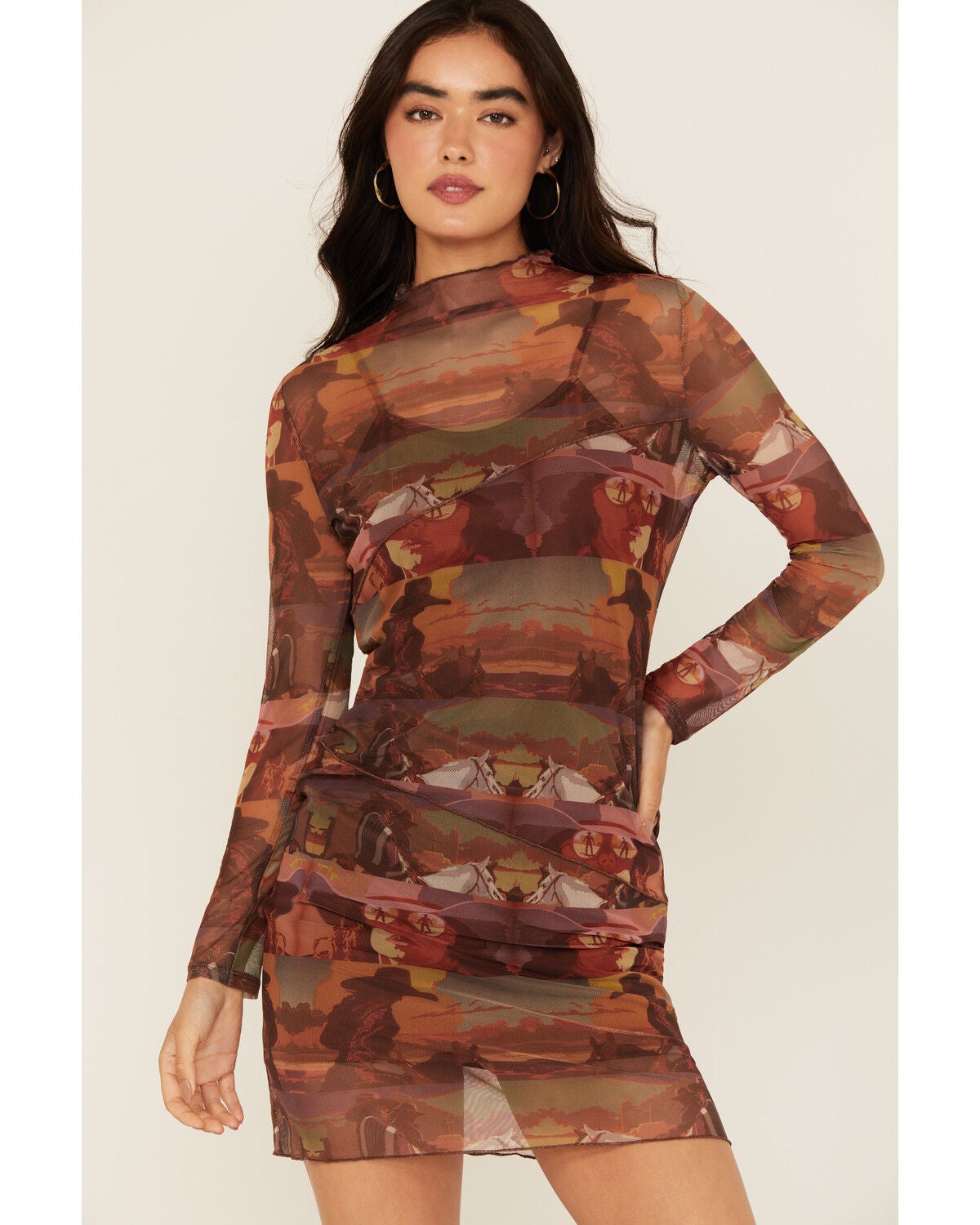 Rock & Roll Denim Women's Boot Barn Exclusive Mesh Desert Print Long Sleeve Mini Dress, Brown, hi-res