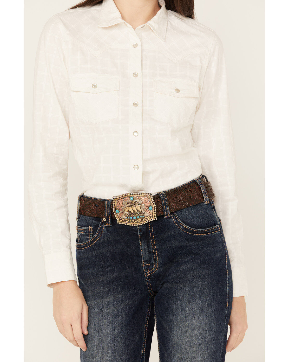 Image #3 - RANK 45® Women's Textured Long Sleeve Pearl Snap Western Riding Shirt, White, hi-res