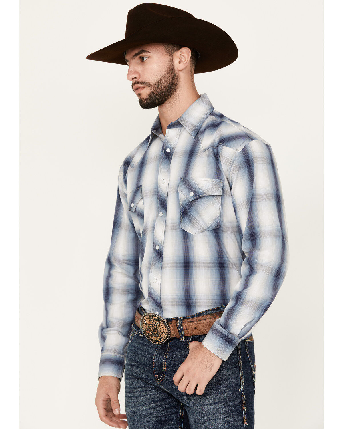 Image #2 - Panhandle Men's Plaid Print Men's Long Sleeve Pearl Snap Performance Western Shirt, Dark Blue, hi-res