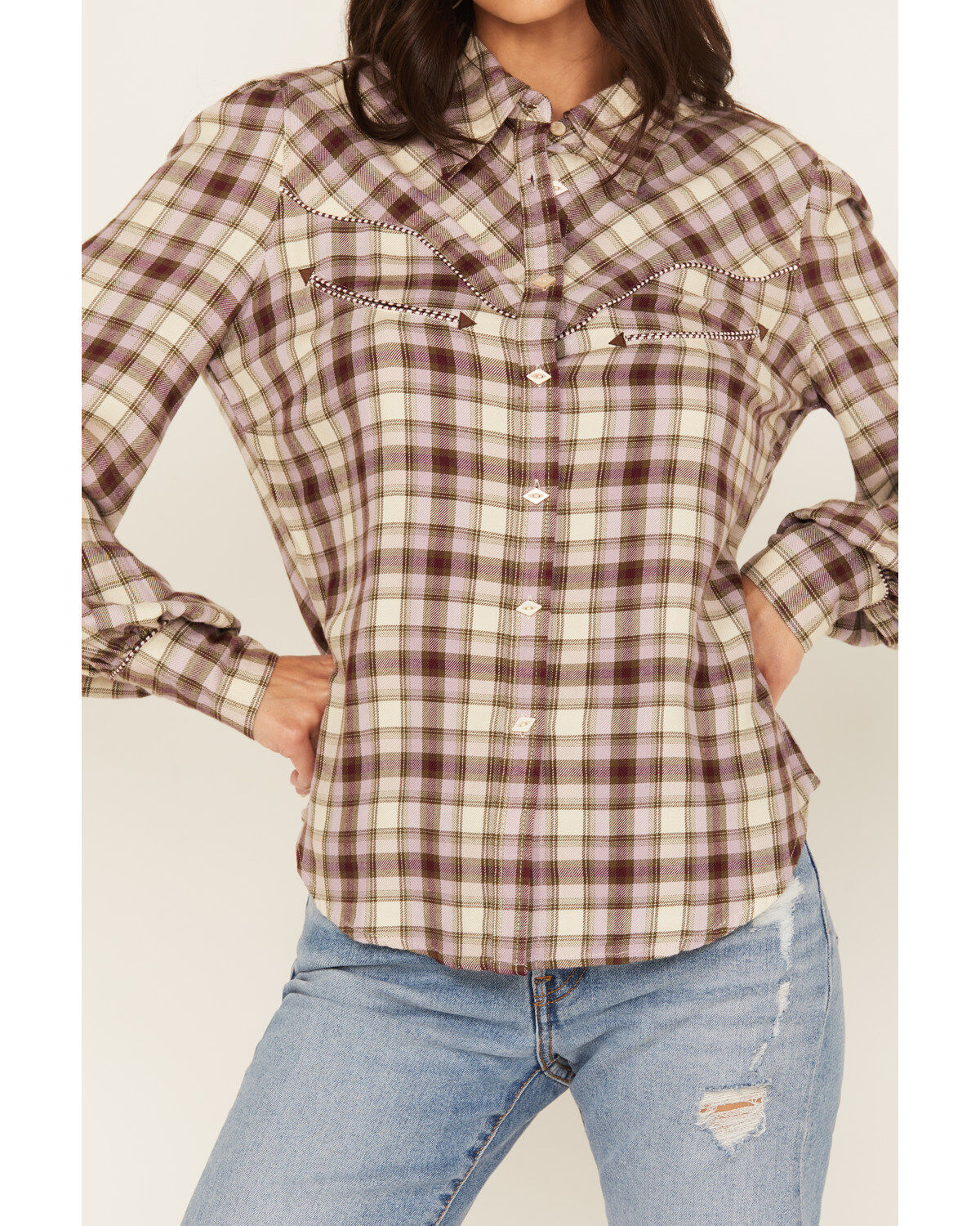 Image #2 - Shyanne Women's Plaid Print Long Sleeve Button-Down Western Shirt, Cream, hi-res