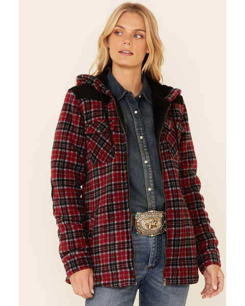 Powder River Outfitters Red Plaid Berber Fleece Zip-Front Hooded Jacket , Red, hi-res