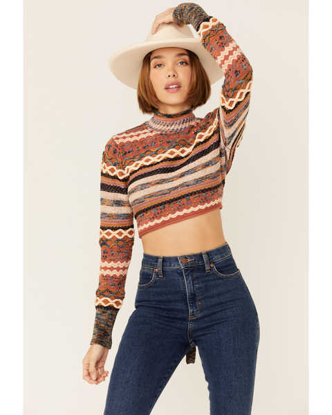 Beyond the Radar Women's Cropped Mock Neck Open Back Textured Print Sweater, Rust Copper, hi-res