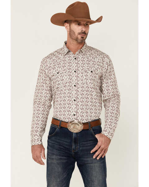 Moonshine Spirit Men's Sundial Southwestern Geo Print Long Sleeve Snap Western Shirt , Ivory, hi-res