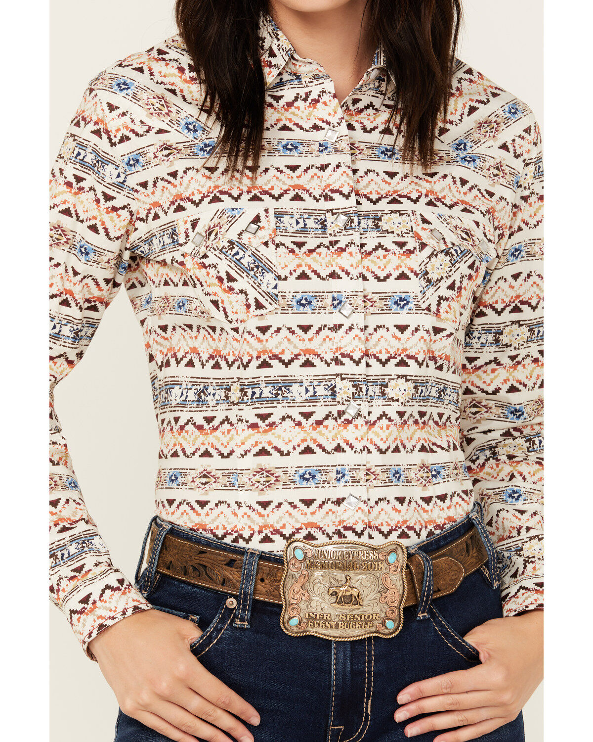 Image #3 - Panhandle Women's Southwestern Print Long Sleeve Snap Western Shirt, Natural, hi-res