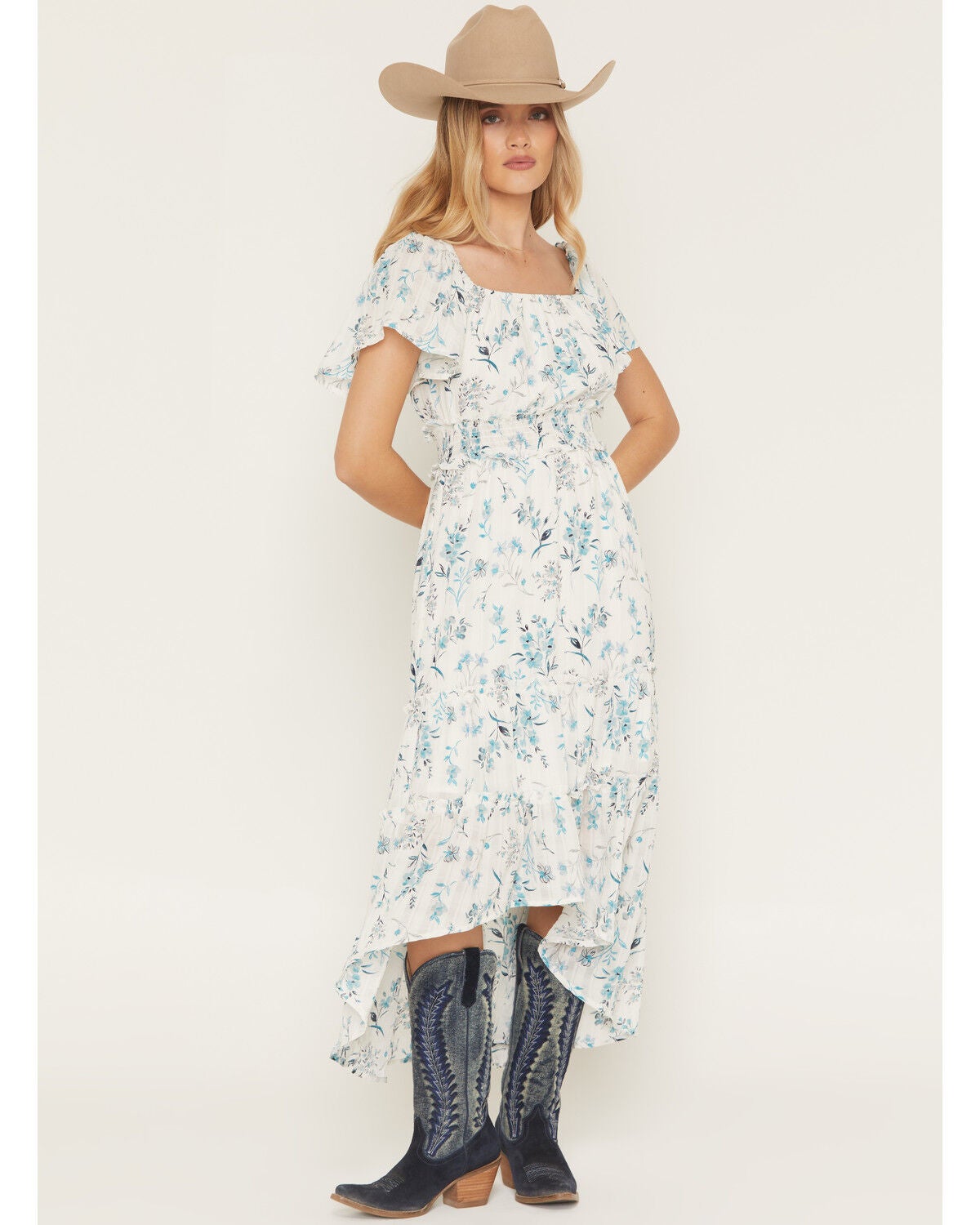 Wild Moss Women's Floral Print Short Sleeve High-Low Dress, Ivory, hi-res