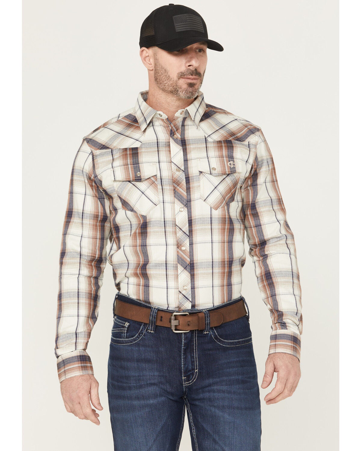 Cody James Men's FR Plaid Print Long Sleeve Snap Work Shirt, Natural, hi-res