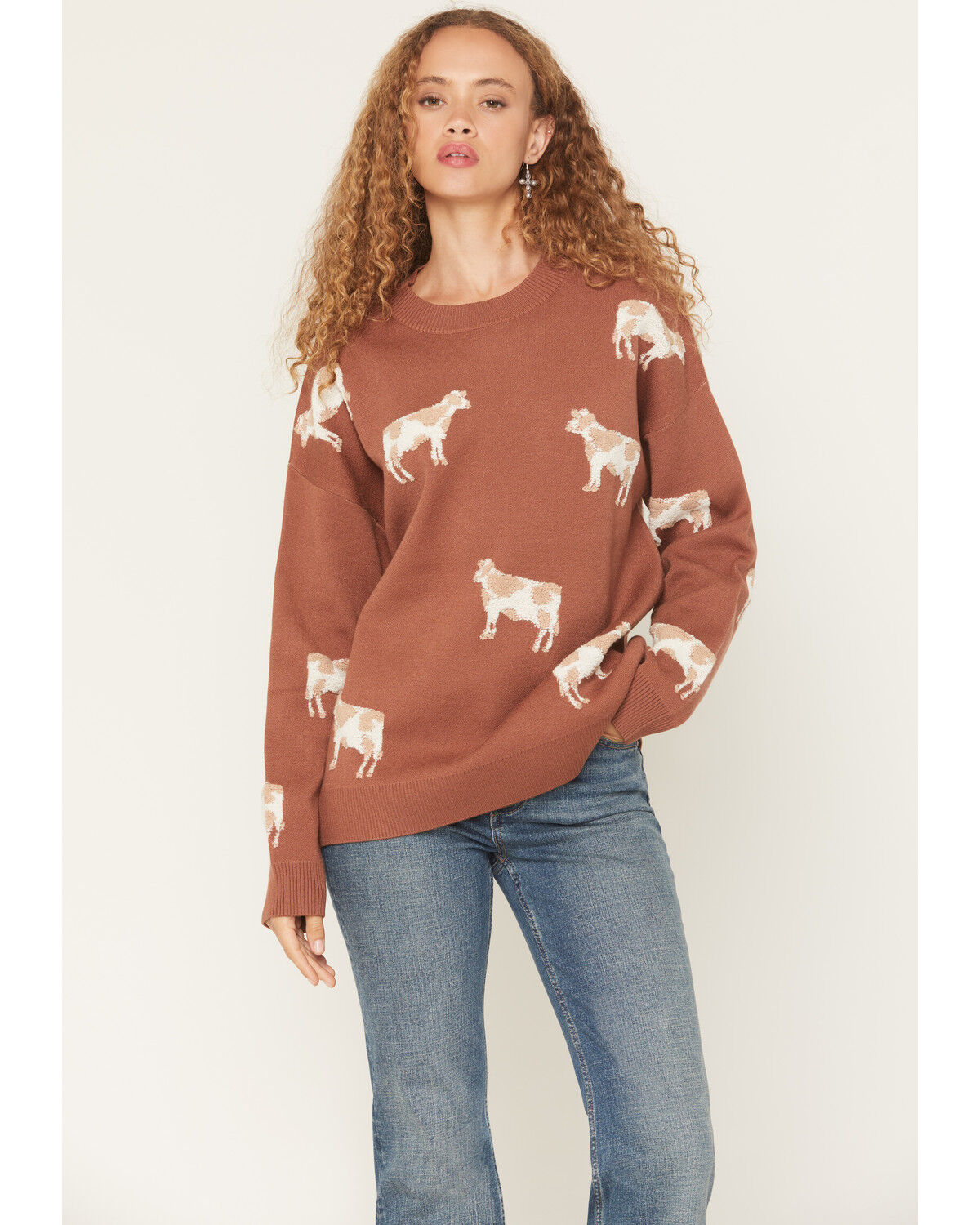 Image #1 - Originality Women's Cow Tunic Sweater, Brown, hi-res
