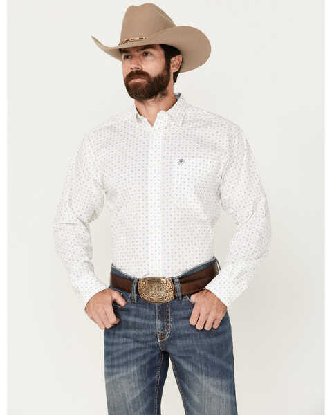 Ariat Men's Wrinkle Free Ogden Geo Print Long Sleeve Button-Down Western Shirt , White, hi-res