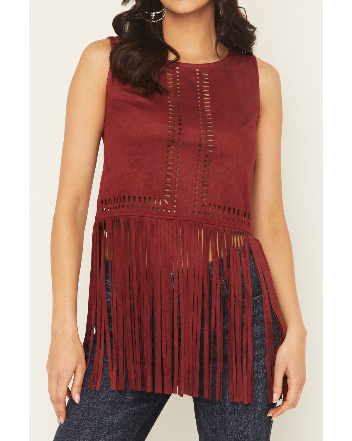 Image #4 - Idyllwind Women's Whitsett Cutout Faux Suede Fringe Tank Top, Cherry, hi-res