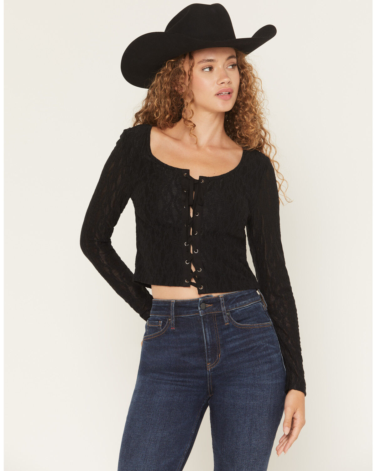 Image #1 - Idyllwind Women's Wind Song Lace Long Sleeve Lace-Up Shirt, Black, hi-res