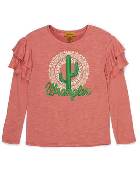 Wrangler Girls' Cactus Logo Long Ruffle Sleeve Top , Pink, hi-res