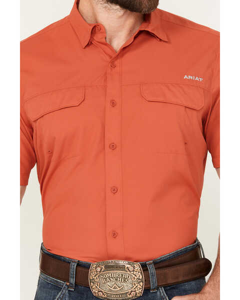 Image #3 - Ariat Men's VentTEK Outbound Solid Fitted Short Sleeve Performance Shirt, Dark Red, hi-res