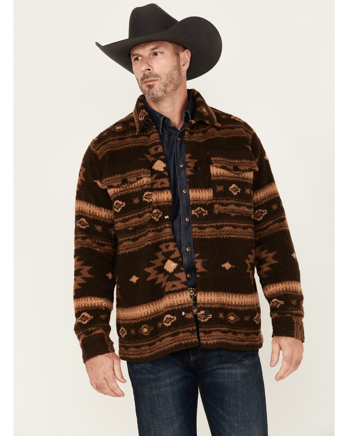 Cody James Men's Highlander Southwestern Print Sherpa Snap Jacket, Brown, hi-res