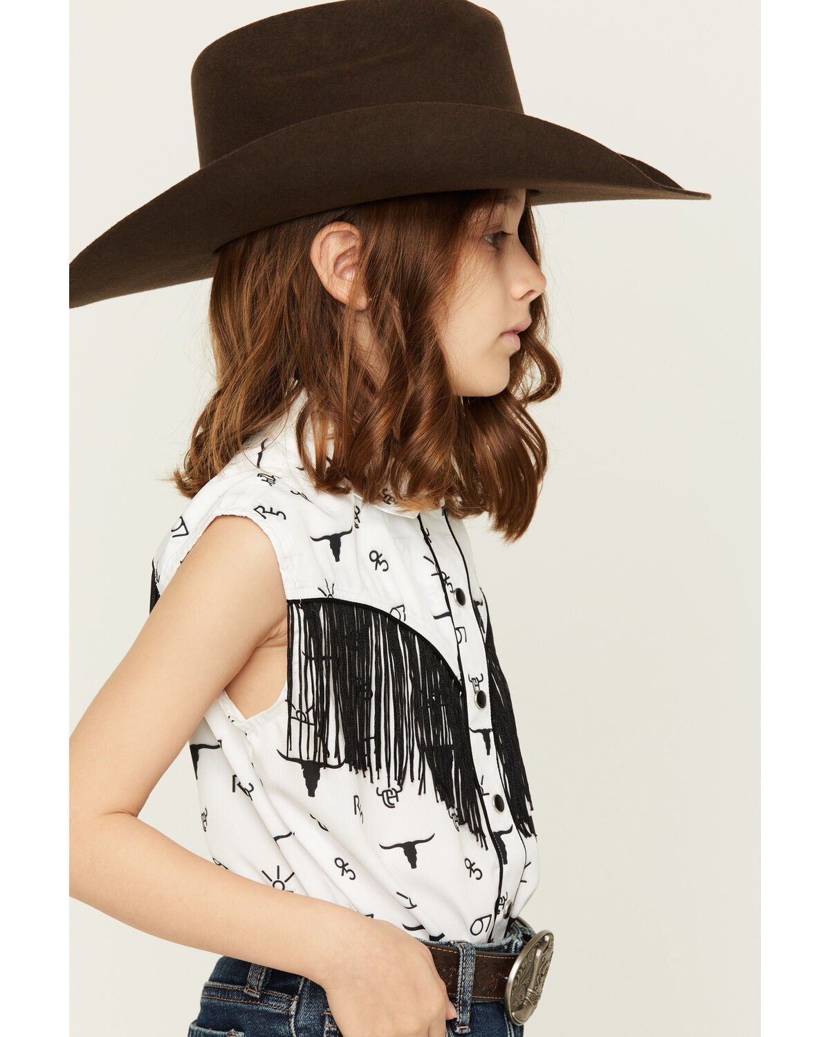 Image #2 - Cowgirl Hardware Girls' Branding Iron Fringe Sleeveless Snap Western Shirt, Black/white, hi-res