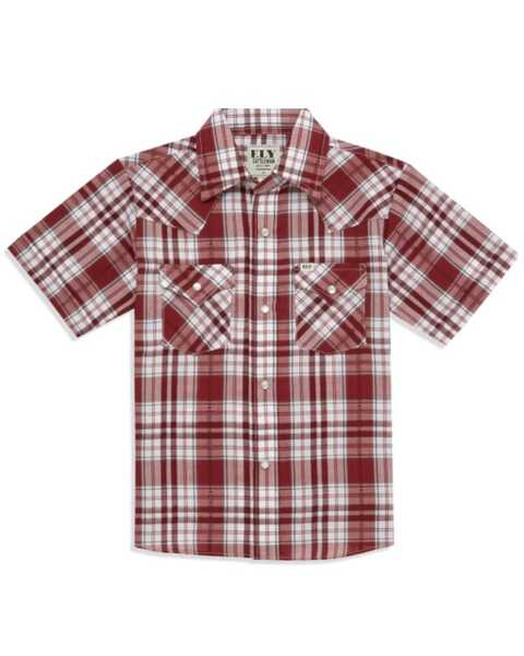 Ely Walker Boys' Plaid Print Short Sleeve Snap Western Shirt, Red, hi-res