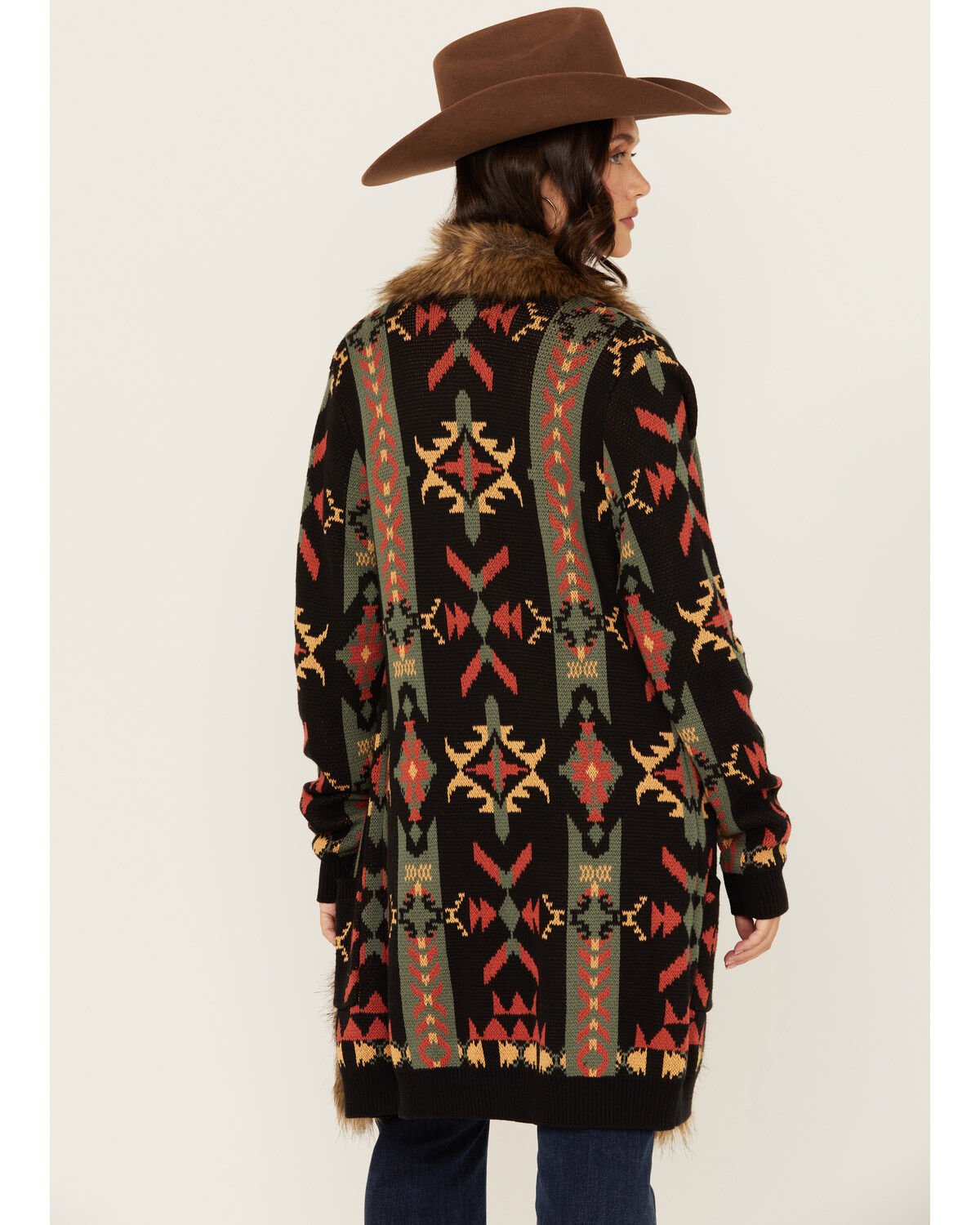 Image #4 - Panhandle Women's Southwestern Print Fur Trim Cardigan, , hi-res