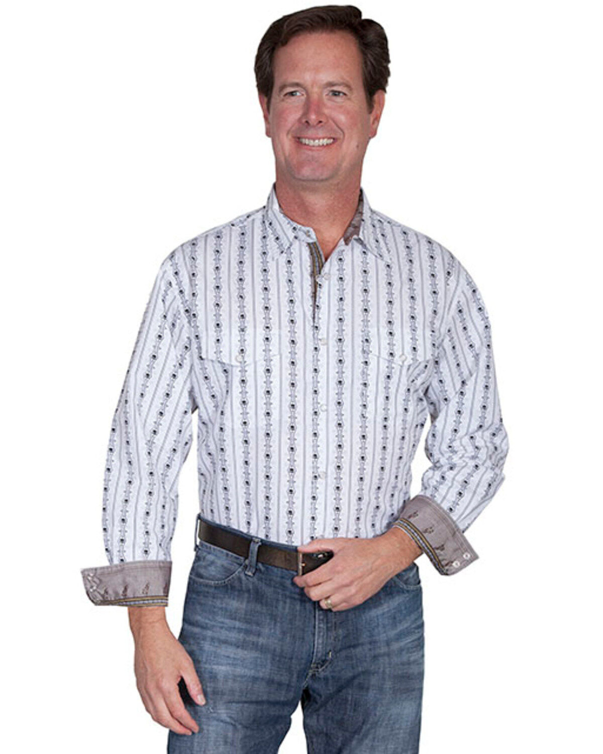 Image #1 - Scully Men's White Skull Stripe Print Long Sleeve Western Shirt, , hi-res