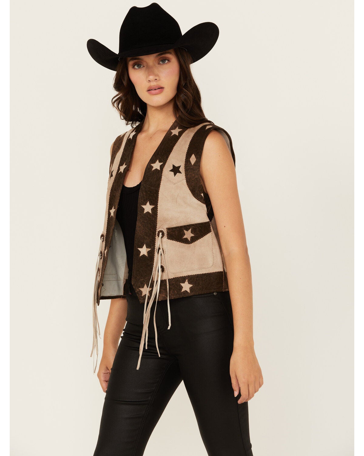 Scully Women's Star Leather Vest, Brown, hi-res