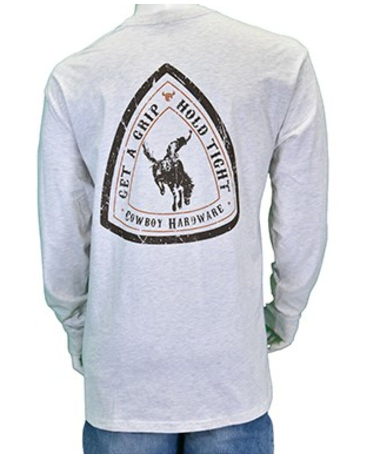 Image #1 - Cowboy Hardware Men's Get A Grip Hold Tight Long Sleeve Graphic T-Shirt, Oatmeal, hi-res