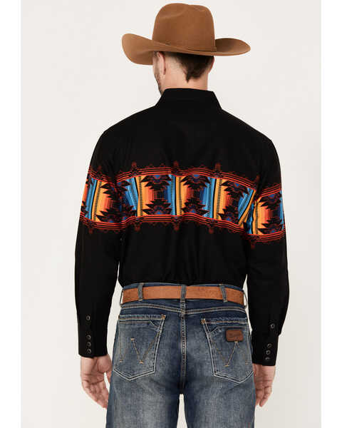 Panhandle Men's Southwestern Border Long Sleeve Western Snap Shirt, Black, hi-res