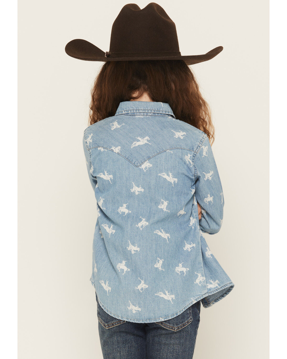 Image #4 - Wrangler Girls' Conversation Print Long Sleeve Snap Denim Western Shirt, Blue, hi-res